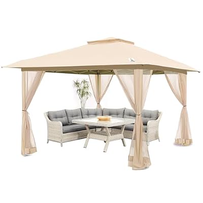 MAOO 12'X12' Outdoor Gazebo, Pop Up Patio Gazebo with 4 Sidewalls Mosquito Netting, Heavy Duty Gazebo Canopy Tent with Double Air Roofs for Backyards, Patios, Decks, Gardens, Parks (Beige)
