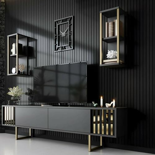 Dmora - Mobile porta TV Eunomia, Credenza da soggiorno, Armadio basso per TV, Base parete attrezzata, 180x30h48 cm, Antracite e Nero