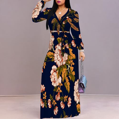 Image of Women Plus Size Long Sleeve V Neck Maxi Dress with Belt | Soft fabric relaxed fit three quarter sleeve v neck with pockets for party and daily wear