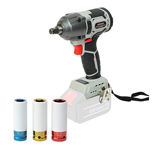 Dino KRAFTPAKET 18V-400Nm Bürstenloser Akku Schlagschrauber für KFZ/Auto 1/2 Zoll Vierkant-Aufnahme, 3-stufiger Begrenzer mit Nüsse 17/19/21 mm, LED-Licht, bürstenlos Brushless (Ohne Akku/Ladegerät)