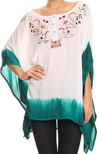 Sakkas NP23790 - Saleei Long Wide Square Ombre Floral Embroidered Jewel Button Poncho