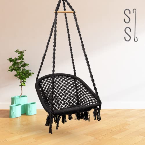 Curio Centre Make in India Premium D Shape Cotton Swing for Home & Balcony Hammock Chair with Hanging Accessories/Swing Chair Balcony/Swing Chair for Indoor for Outdoor (Black)