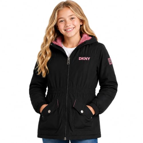 Image of DKNY Girls Midweight Jacket - Cozy Sherpa Fur Lined Water Resistant Hooded Anorak Windbreaker Zip Up Jacket for Girls