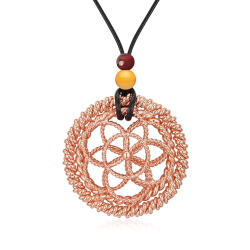 Lotus of Life Tensor Ring Necklace – Sacred & Lost Cubit Frequencies, Pure Copper & Gold Plated Pendant with Red Agate & Yellow Jade for Meditation, Balance & Spiritual Focus