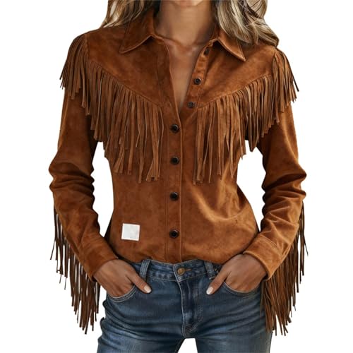 HUIFUAO Westernhemden für Damen, Vintage-Fransen-Tops, Button-Down, langärmelig, Quastenbluse, Wildleder, Cowgirl-Outfits, 70er-Hippie-Kleidung,...