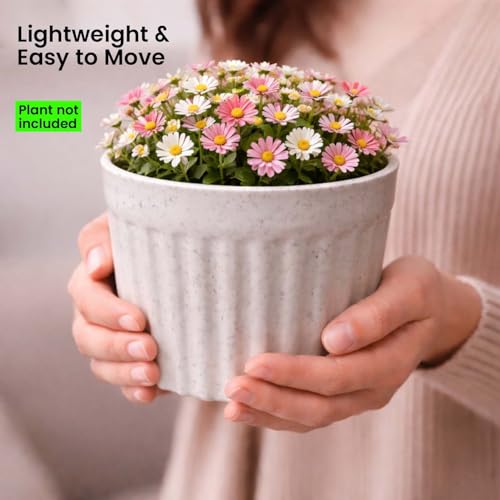 Image of Go Hooked 6 Inch Plastic Plant Pot Set of 5 | White Marble Texture Ribbed Planters, Stylish Modern Design | Decorative Indoor Outdoor Flower Pots for Balcony, Living Room, Garden, Home & Office Decor