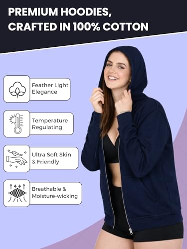 Image of Women's Solid Zipper Hooded Sweatshirt | Front Zip, Ribbed Hem, Lined Hood, Casual Winter Wear Jacket, Pure Cotton Hoodies Soft, Lightweight, Warm & Stylish Kangaroo Pocket