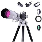 【Óptico totalmente revestido】-- Este telescopio refractor astronómico de 80 mm incluye oculares (10 mm; 20 mm), distancia focal de 700 mm. Cuenta con óptica de vidrio totalmente revestida, un marco resistente y ligero, gran vista, perfecto para observar auroras, lunas, planetas, meteoro, paisaje, pájaro.
