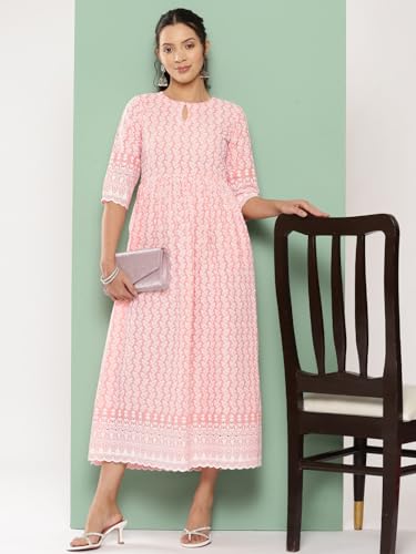 Image of Libas Womens Embroidered Cotton Fit and Flare Dress for Women
