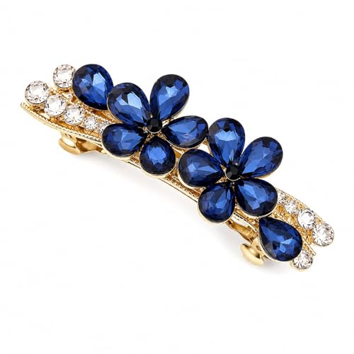 LUOZZY Rhinestone Flower Hair Clip Bling Barrette for Women Girls Dark Blue