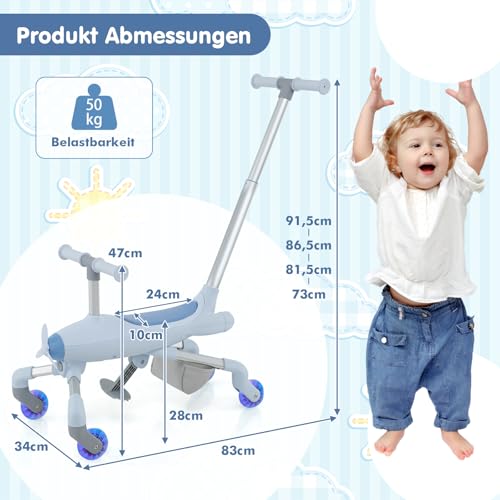 GOPLUS 2 in 1 Schiebeauto & Rutschauto, Dreirad mit verstellbarem Schiebegriff, LED Rädern & Korb hinten, Rutscherfahrzeug im Flugzeugmotiv für Kinder ab 18 Monaten, belastbar bis 50kg (Blau) – Bild 7