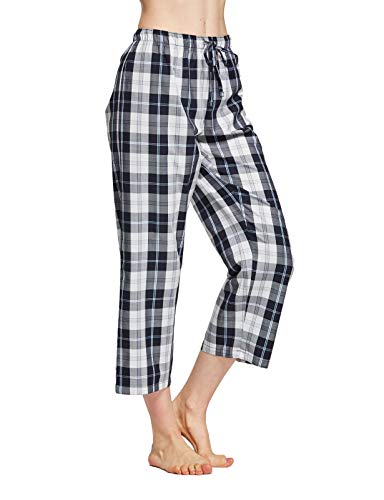 Cyz Women's 100% Cotton Woven Pajama Capri,Dark Navy White Plaid,X-Large #TOP2