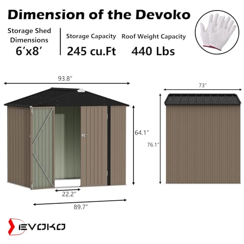 Image of Devoko Outdoor Storage Shed 8 x 6 FT Lockable Metal Garden Shed Steel Anti-Corrosion Storage House with Single Lockable Door for Backyard Outdoor Patio (Brown)
