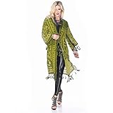 Aris A Women Vintage Floral Silk Burnout Velvet Handmade Beaded with Tassels Duster Kimono Olive