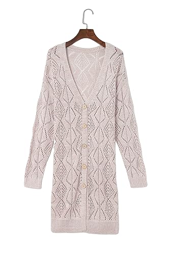 Women Fashion Long Sleeve Cardigan Solid Color Open Front Sweater Hollow Out Outwear Button Down Soft Crochet Coat4