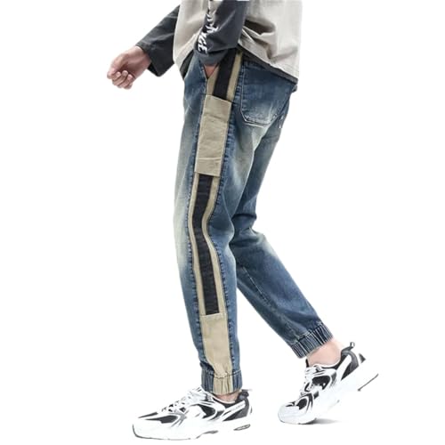 Men Jeans Loose Fit Elastic Waist Streetwear Male Harem Pants Patchwork Jogger Pants