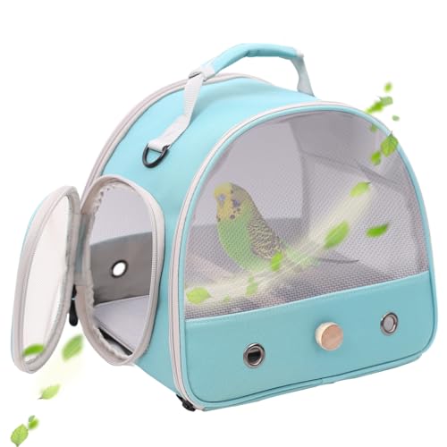 Bird Travel Cage, Portable Small Bird Parrot Parakeet Carrier with Standing Perch (NO Metal Tray), Side Access Window Collapsible(Green, Mesh Windows)