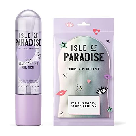 Isle of Paradise Mist & Glow Kit - Dark - Vegan and Cruelty Free - Tanning Oil Mist + Tanning Mitt - Color Correcting Actives for Natural Glow - Sunless Tanning Body Oil with Blending Mitt Cover