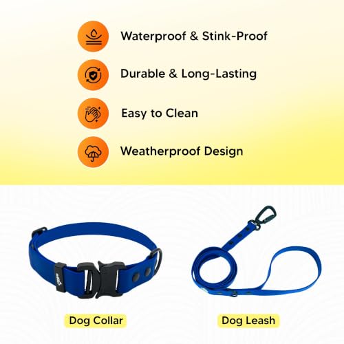 Image of Adil's Biothane Waterproof Dog Collar, Dog Leash & Collar Leash Combo | Heavy Duty TPU Coated Webbing | Adjustable Quick Release Buckle | Odour Resistant (Blue, M-18, Collar & Leash Combo)