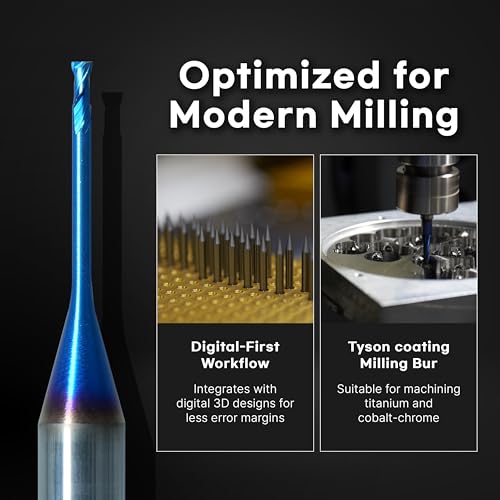 Image of Tyson-Coated Milling Bur 1mm - Compatible with Redon CAD /CAM Systems for Titanium, Cobalt-Chrome, 4mm Shank, 2-Flute, Ball-Type Carbide Endmill