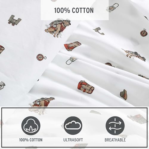 Image of Eddie Bauer - Sheet Set, Luxurious Cotton Percale Bedding with Matching Pillowcase, Crisp & Cool, Fully Elasticized (Buddy Camping Allover White, King)
