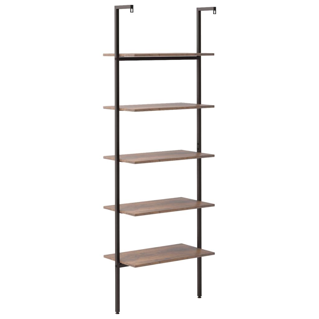 Fengshui Regał z 5 półkami, regał stalowy 64 x 35 x 185 cm, ciemnobrązowy i czarny, regał drabinkowy z 5 półkami na książki, rośliny i dekoracje, wytrzymała konstrukcja stalowa, oszczędność miejsca