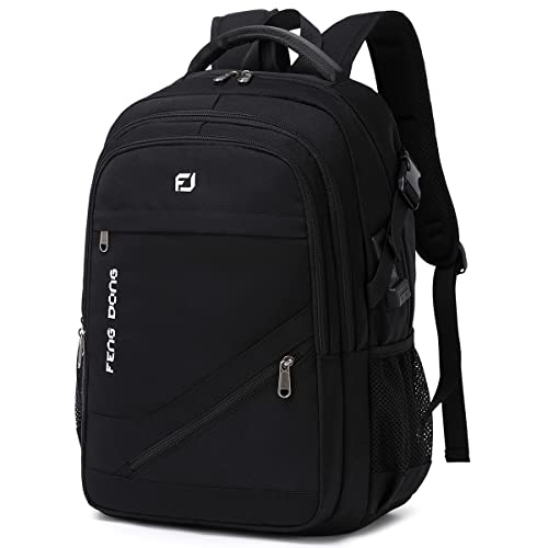 FENGDONG Durable Waterproof Travel Laptop Backpack 17.3 inch,Large College Backpack Bookbag for Men & Women Business Backpack with USB Charging Port and Headset Port Black