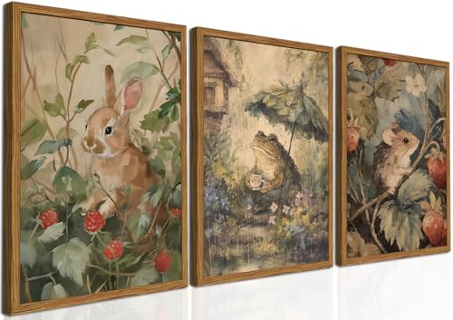 Image of Framed Vintage Cottagecore Wall Art Set of 3, Cute Rabbit Frog Mouse Pictures Wall Decor, Rustic Animal Botanical Paintings Canvas Prints for Nursery Living Room Bedroom Farmhouse Home 12x16 inch