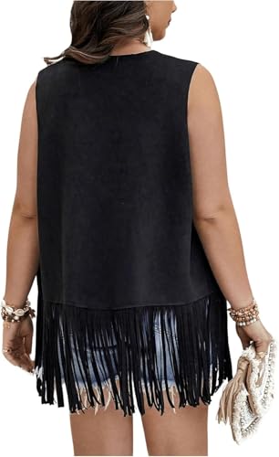 Women Tassel Vest 70s Hippie Faux Suede Rivets Sleeveless Fringe Waistcoat Open Front Boho Western Jacket Cardigan (D-Black, XXXL)4