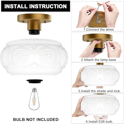 Image of 11 Inch Milk Glass Semi Flush Mount Ceiling Light Fixture, Gold