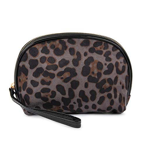 Multifunction Travel Cosmetic Makeup Pouch Bag - Print Toiletry Purse Metallic Zip Clutch, Striped Wristlet, Leopard (Round - Animal Print Gray)