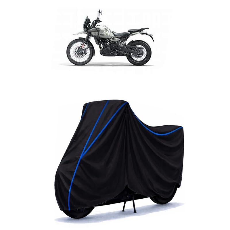 Image of Himalayan 450 Summit Bike Cover Water Resistant Universal Motorcycle Rain | Heavy Duty UV Protection, Dust, Scratch Indoor Outdoor All Weather with Black Blue Piping Elastic