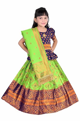 Image of Girls Pattu Pavadai Ready to Wear Lehenga, Blouse & Dupatta Set - Heavy Jacquard Fabric, Fully Stitched