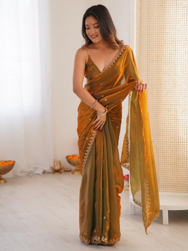 Image of AKHILAM Women's Shimmer Tissue Embroidered Saree With Unstitched Blouse Piece