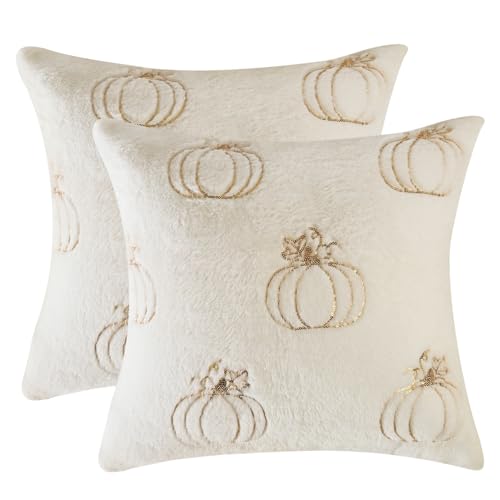 Halloween Throw Pillow Covers Set of 2 White Golden Sequin Embroidery Pumpkins with Leaves