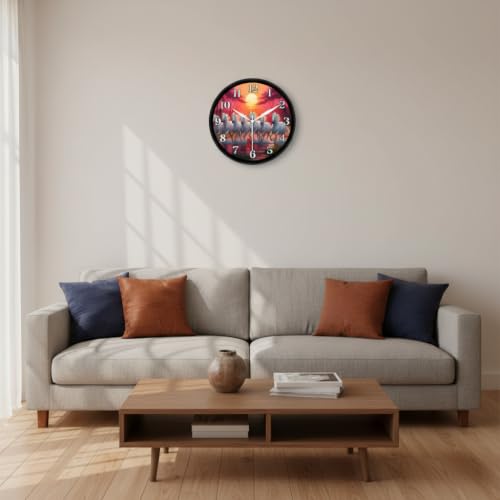 Image of Lucky 7 Running White Horses Vastu Wall Clock for Living Room & Home Decor | Round Analog Silent Non-Ticking Sunrise Watch | Feng Shui Decorative Timepiece for Office, Black Frame