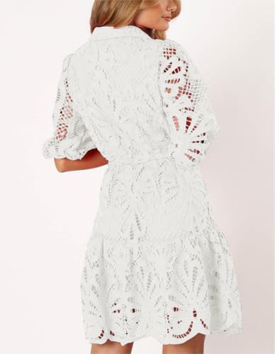 Image of Women's Summer Hollow Out Lace Mini Dress Lantern Sleeve Lapel Button Ruffle Casual Beach Party Dresses