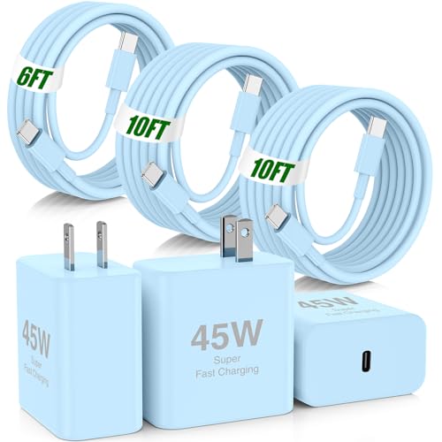 Image of 45W iPhone 17 16 Pro Max Charger Fast Charging,3Pack USB C Fast Charger Block with Long 10 /10 /6FT C to C Cable for Apple 17 Pro Max /16 Pro /15 /iPad 13th,PD Quick Adapter 3.2 for iPhone 17-Blue