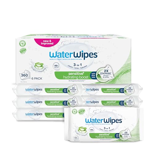 WaterWipes Sensitive+ Hydrating Boost Wipes, Toallitas Hidratantes, 360 unidades (paquete de 6), 3 en 1 Limpia, Cuida, Hidrata, 99% Agua con Aloe Vera, Toallitas sin perfume para bebés