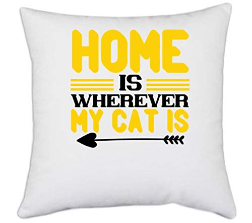 UDNAG White Polyester 'Cat | Home is Wherever My cat is' Pillow Cover [16 Inch X 16 Inch]