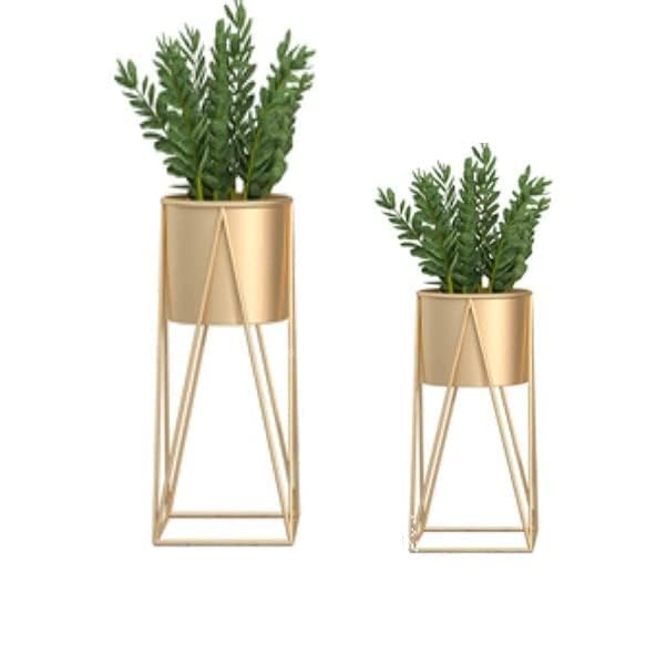 Image of Bee Creative Indoor - Outdoor Plants & Modern Metal Floor Tall Plant Stand for Garden, Balcony & Living Room & Mid Century Plant Stands with Pots Set of 2 Flower Pots (Gold)