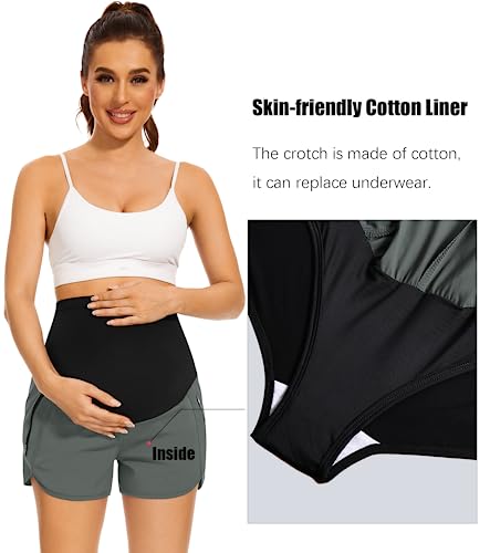 Image of PACBREEZE Women's Maternity Shorts Over Belly Quick Dry Workout Athletic Running Shorts with Zipper Pockets