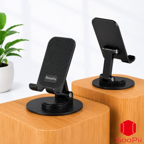 Image of Foldable Mobile Stand for Desk with 360 Rotating Base, Adjustable Phone Holder with Heavy Metal Base, Carbon Steel Desktop Stand, Anti-Slip Silicone Pads, Compatible with Smartphones up to 6.9 Inch