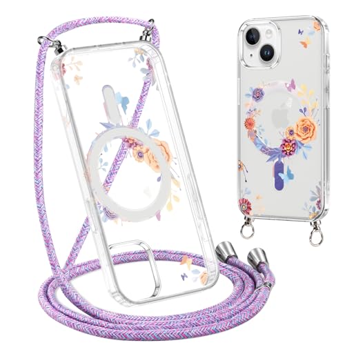 Xylota Funda Magnética con Cuerda para iPhone 15 Plus 6,7'' [Compatible con MagSafe], Transparente Dibujos Carcasa con Ajustable Collar Cordón, Aesthetic Diseño Case para iPhone 15 Plus,Flores 01