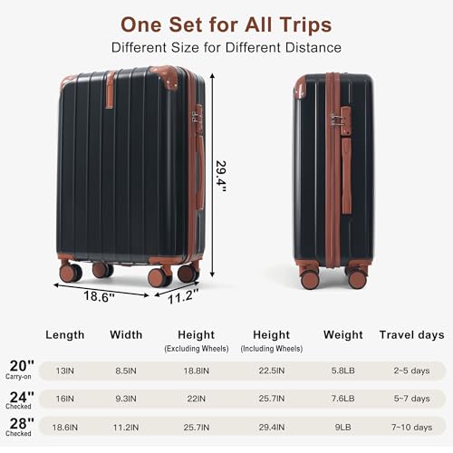 Image of Hardside Luggage Sets, Lightweight Stripes Suitcase with Spinner Wheels, Black