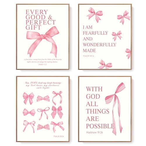 Image of LARTSFRO Coquette Pink Bow Christian Wall Art Decor Posters, Pink Bow Room Bedroom Bathroom Dorm Wall Art Decor Aesthetic for College Teen Girls Gifts, Inspirational Bible Verses Bow Wall Decor, 12x16 Inch Set of 4 Pcs Bow Pictures (UNFRAMED)