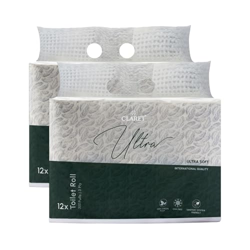 Image of Claret Ultra Soft 3-Ply Virgin Pulp Toilet Rolls | 300 Pulls Each Skin-Friendly | 12 Rolls in 1 Pack | OBA-Free | Sanitary System Friendly (Pack Of 24 Rolls)
