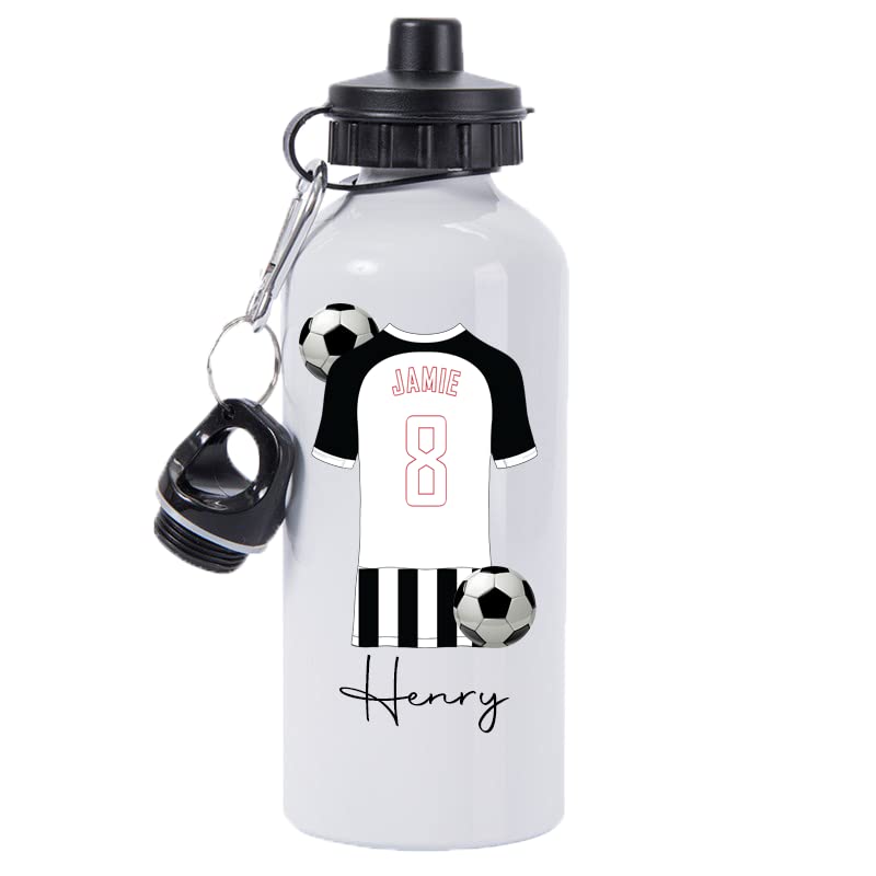 Pickhut Personalised Football 600ml White Aluminium Sports Water Bottle Back to School Gift for Kids, Customised with Name/Number/Text with Football Shirt Black & White Stripes Jersey Kit (D12) โ image 1