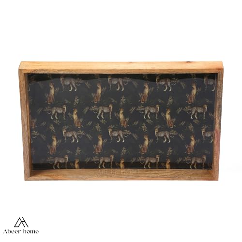 Image of Premium Wooden Serving Tray - 16 x 10 Inches | Leopard Pattern with Raised Edges | Durable Wood Rectangular Breakfast Tray | Wooden Serveware Trays for Tea, Snacks & Sweets, Home & Dining