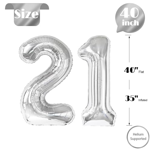 Image of Silver Number 21 Balloon 40 inch, 21 Number Balloons, 21st Silver Birthday Decorations, 21 Year Old Women Men Silver Party Supplies